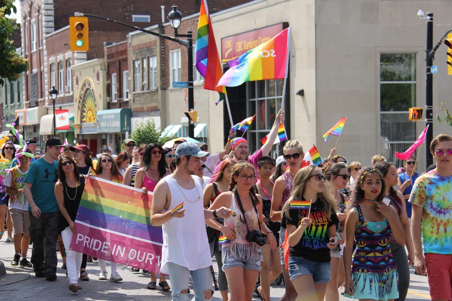Community members marching in downtown North Bay